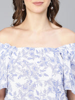 Women white floral print elasticated off -shoulder cotton top