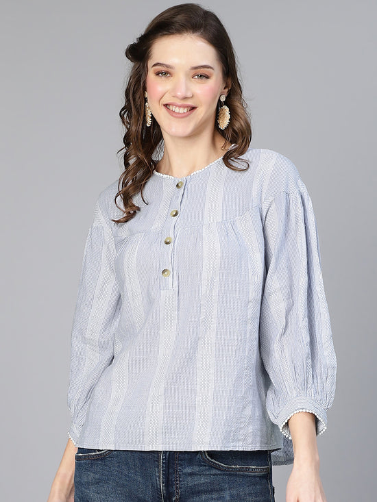 Senstate Stripe Print & Buttoned Women Cotton Top