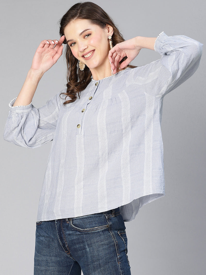 Senstate Stripe Print & Buttoned Women Cotton Top