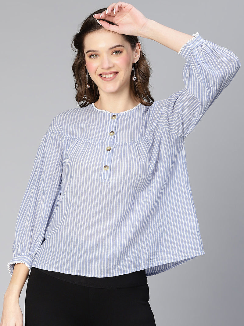 Women Meld blue stripe print & buttoned cotton pom-pom lace top