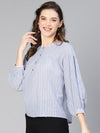 Women Meld blue stripe print & buttoned cotton pom-pom lace top