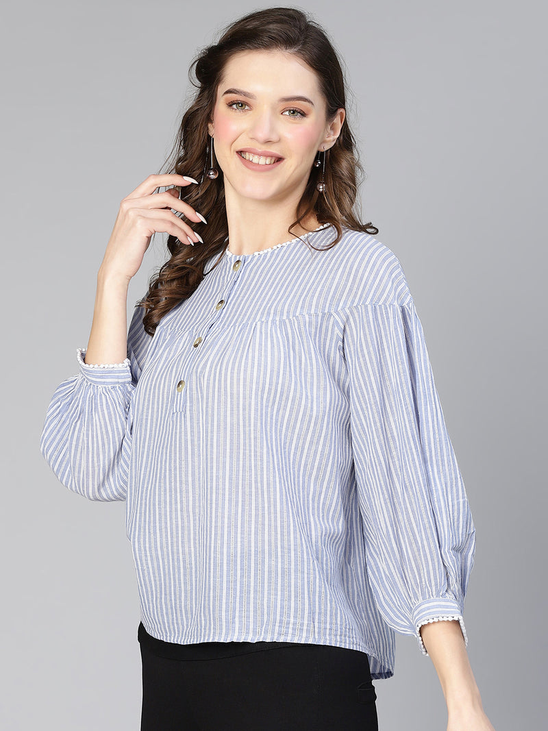 Meld Blue Stripe Print & Buttoned Women Cotton Top