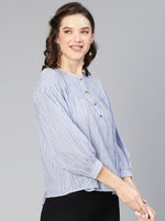 Meld Blue Stripe Print & Buttoned Women Cotton Top