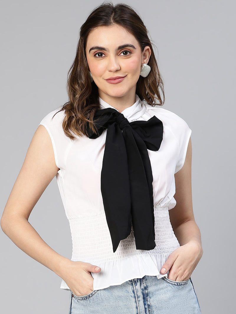 Women white & Black bow-style partywear polyester top
