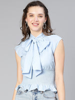 Bang - Up Blue Tie -Knotted & Smocked Women Partywear Top