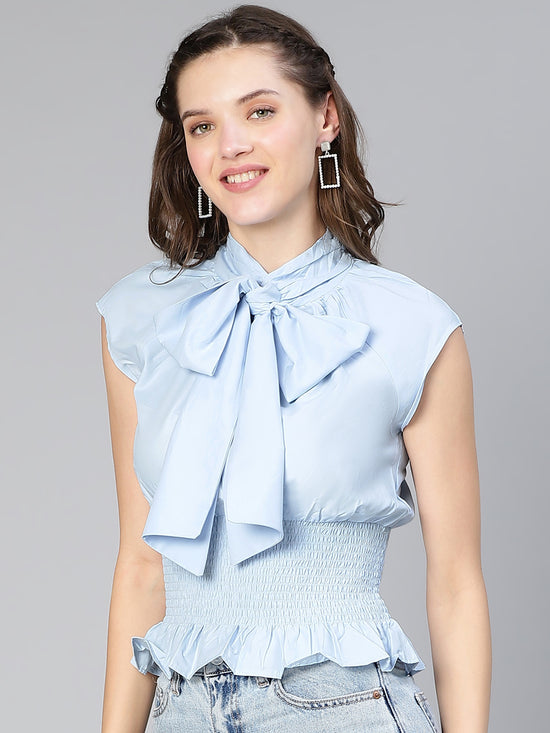 Bang - Up Blue Tie -Knotted & Smocked Women Partywear Top