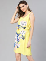 Women yellow floral print elasticated & tie-knotted polyester dress