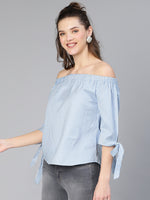 Midlling Blue Stripe Print Off -Shoulder Women Cotton Top