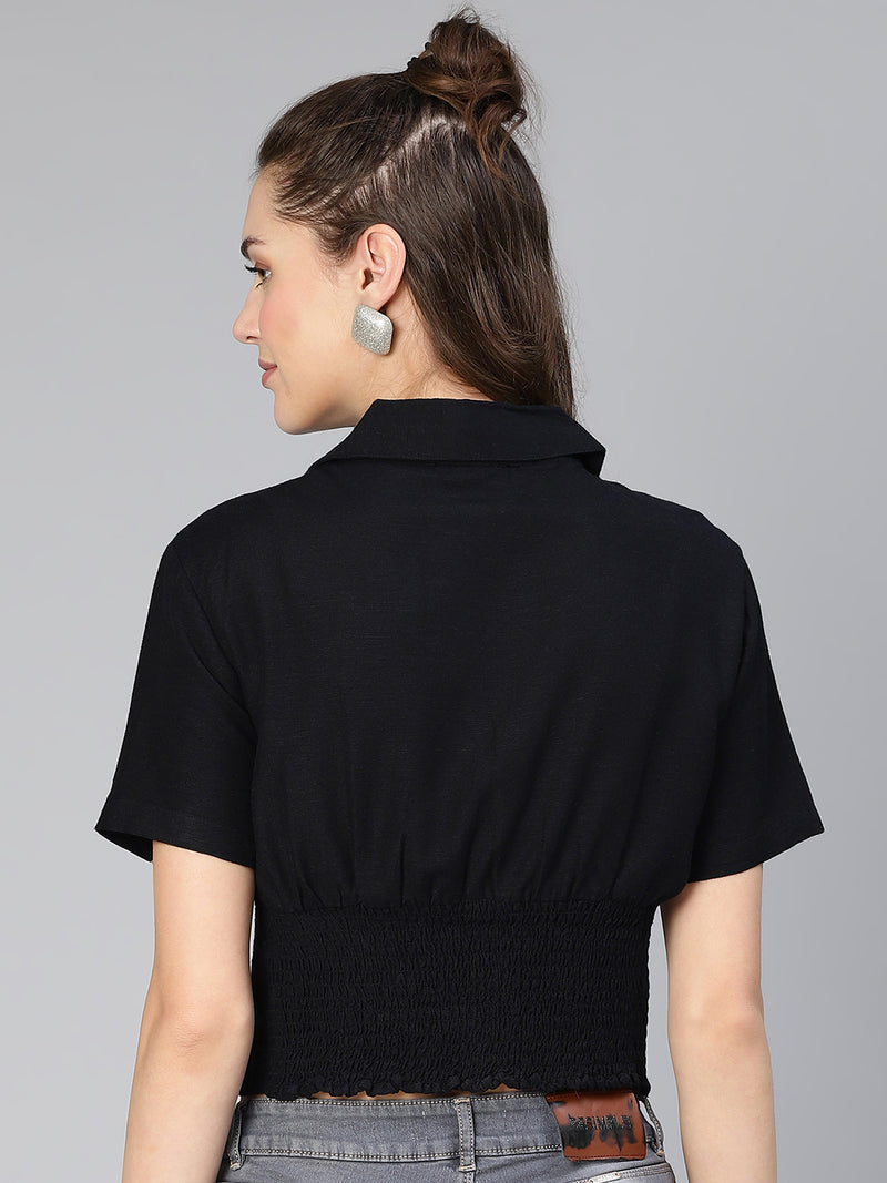 Covered Black Short Sleeve Women Cotton Shirt