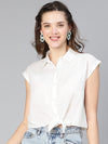 On White Tie-Knotted Women Casual Cotton Top