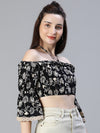 Women floral print black ruffle off -shoulder halter crop lace top