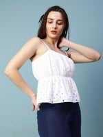 Women white schiffli elsaticated attached lining shoulder strap cotton top