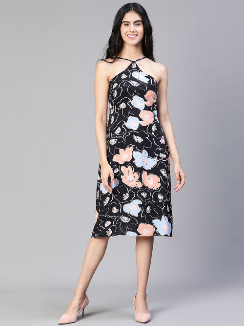 Women black floral print body con strap dress