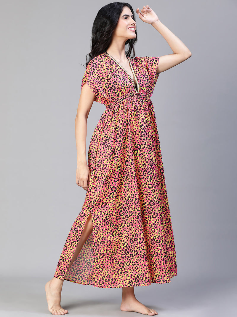Women multicolor floral print laced & elasticatedslit maxi beachwear cotton dress