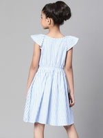 Girl blue stripe print round neck cotton dress