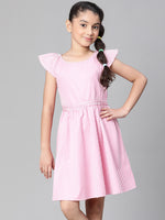 Girl pink stripe print round neck cotton dress