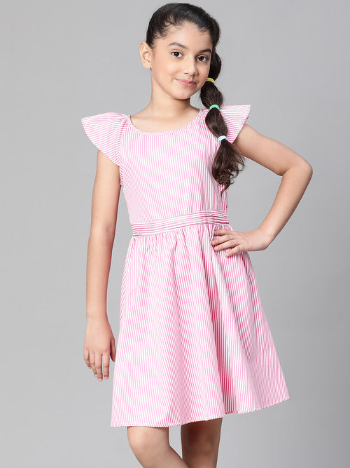 Girl pink stripe print round neck cotton dress