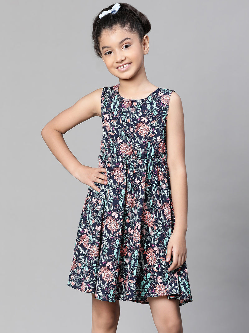 Girl multicolor floral print sleevless round neck dress