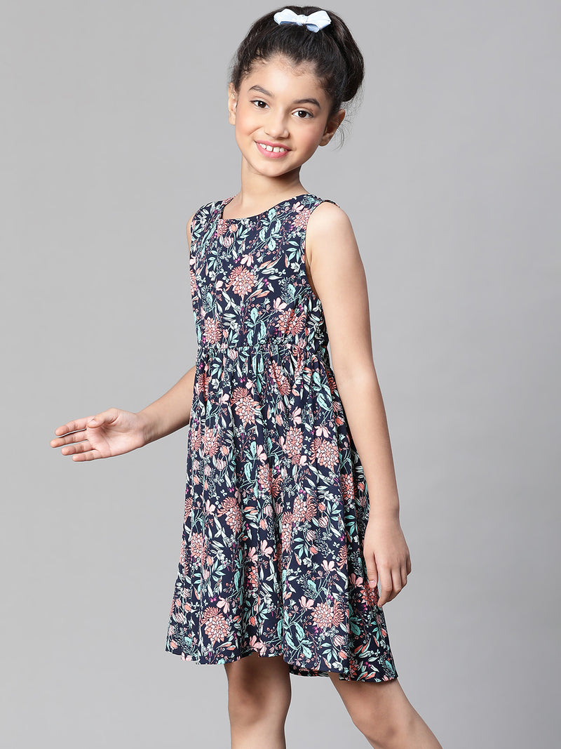 Girl multicolor floral print sleevless round neck dress