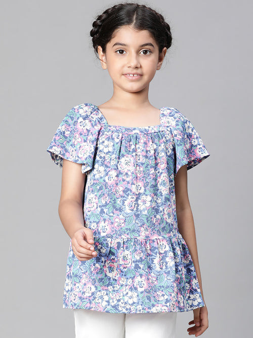 Girl floral print blue round neck girl Top