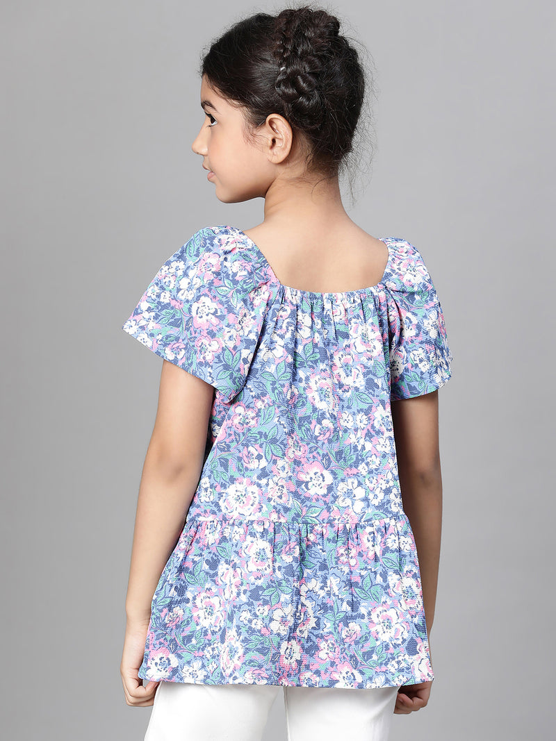 Girl floral print blue round neck girl Top