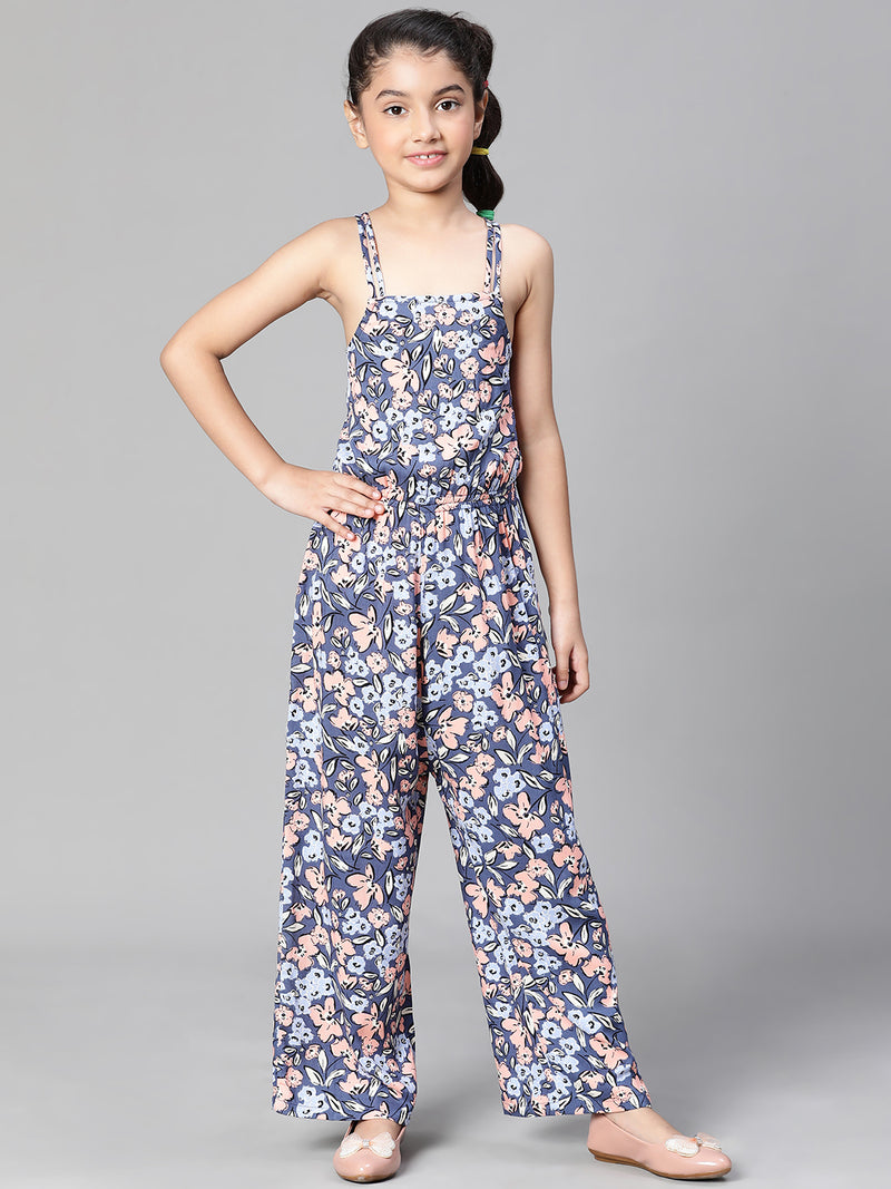 Girl floral print multicolor elasticatd shoulder strap jumpsuit