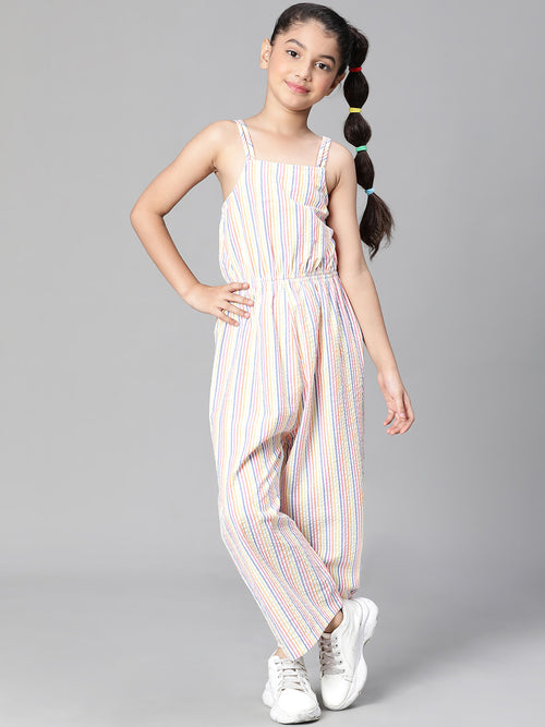 Girl floral print multicolor elasticatd shoulder cotton jumpsuit