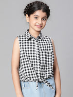 Girl check print black collared tie-up cotton girl shirt