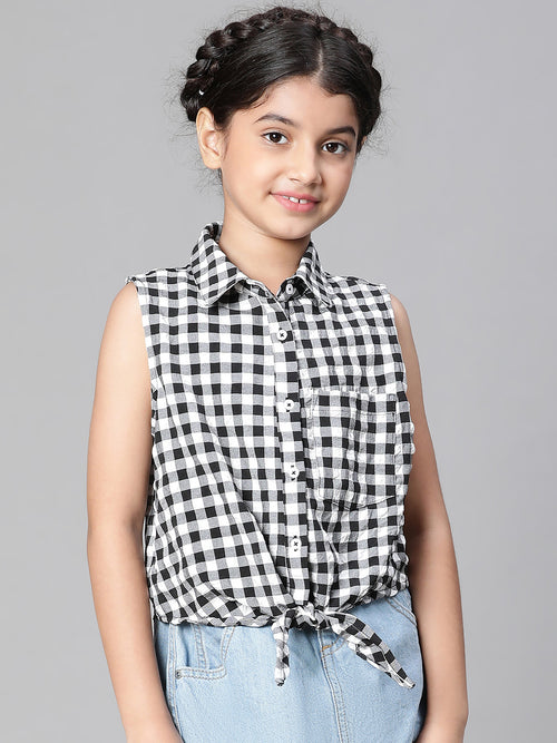 Girl check print black collared tie-up cotton girl shirt