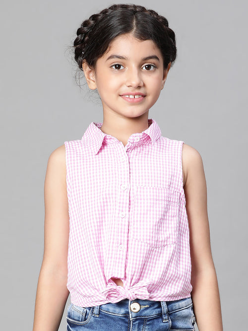 Girl check print purple collared tie-up cotton girl shirt
