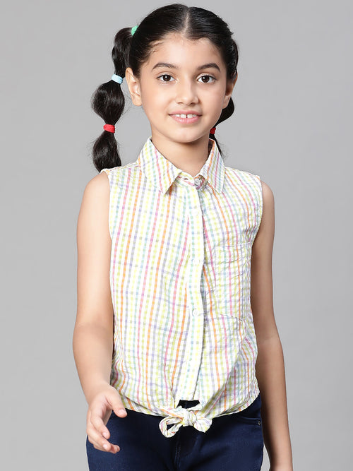 Girl check print multicolor collared tie-up cotton girl shirt