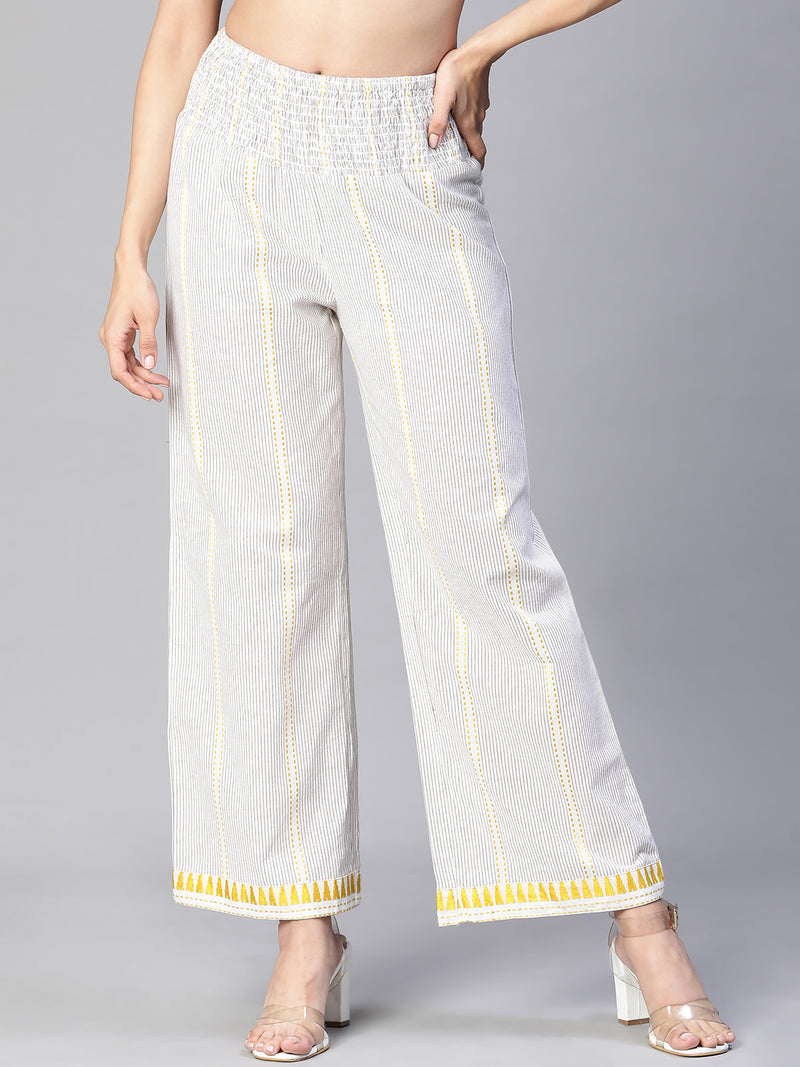 Women beige dobby elasticated high waist cotton pant