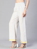 Women beige dobby elasticated high waist cotton pant