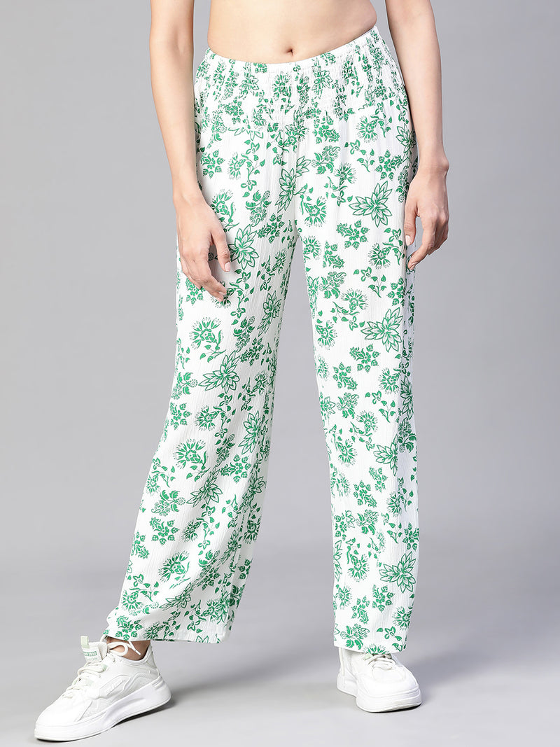 Women green floral print elasticated high waist pant