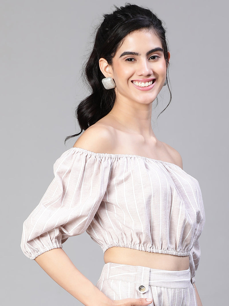 Women beige stripe print round neck elasticatedshort sleeve cotton crop top