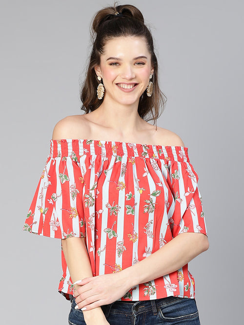 Women red stripe & floral digital print off -shoulder polyester top
