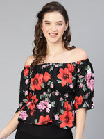 Women black floral print off -shoulder polyester top