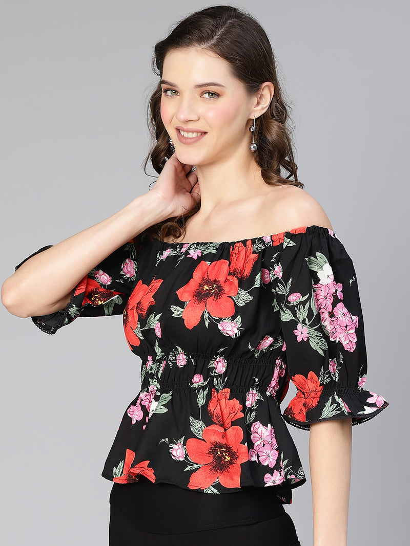 Women black floral print off -shoulder polyester top