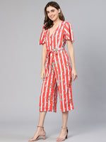 Women red stripe & floral print tie-knotted polyester jumpsuit