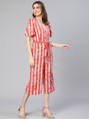 Women red stripe & floral print tie-knotted polyester jumpsuit
