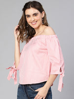 Flossy Pink Off - Shoulder & Knotted Women Cotton Top