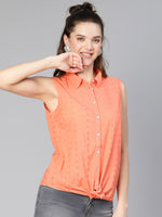 Reflected Orange Schiffli Tie -Knotted Women Cotton Shirt