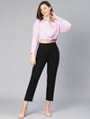 Women pink stripe print open collared cotton crop shirt