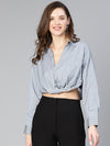 Women grey stripe print open collared cotton crop shirt