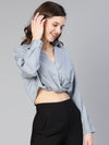 Women grey stripe print open collared cotton crop shirt