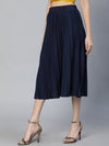 Women solid navy blue pleated & elasticated polyester skirt