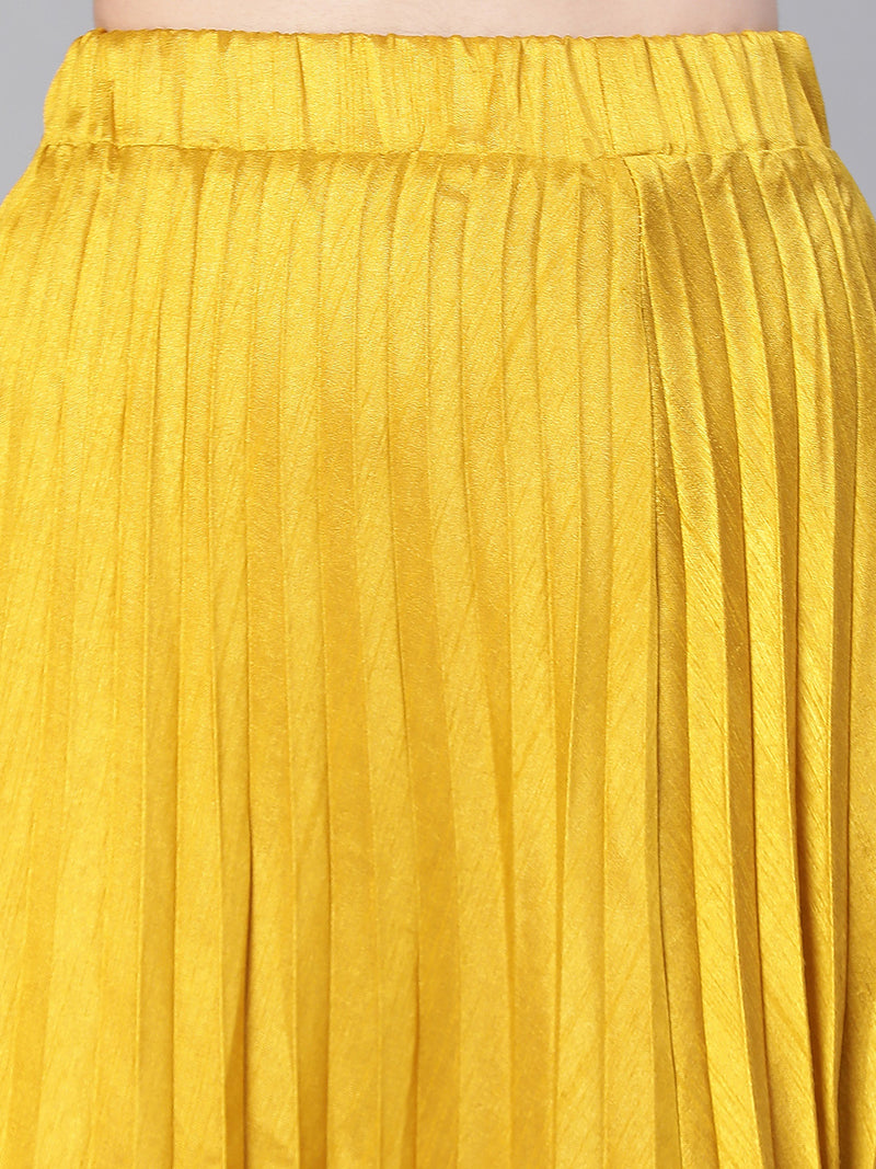 Women mustard dupion silk pleated & elasticated skirt
