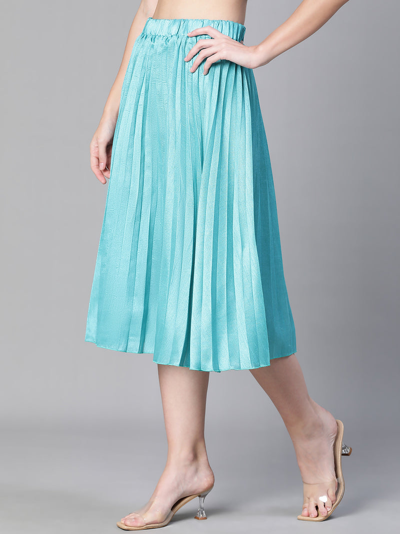 Women solid blue dupion silk pleated & elasticated skirt