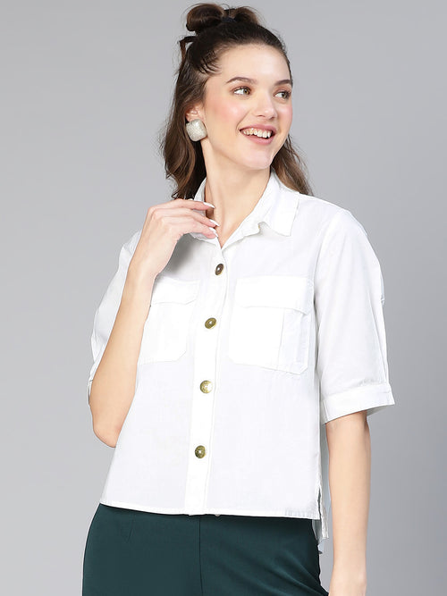 Choiced White With Chets Pocket Women Cotton Shirt