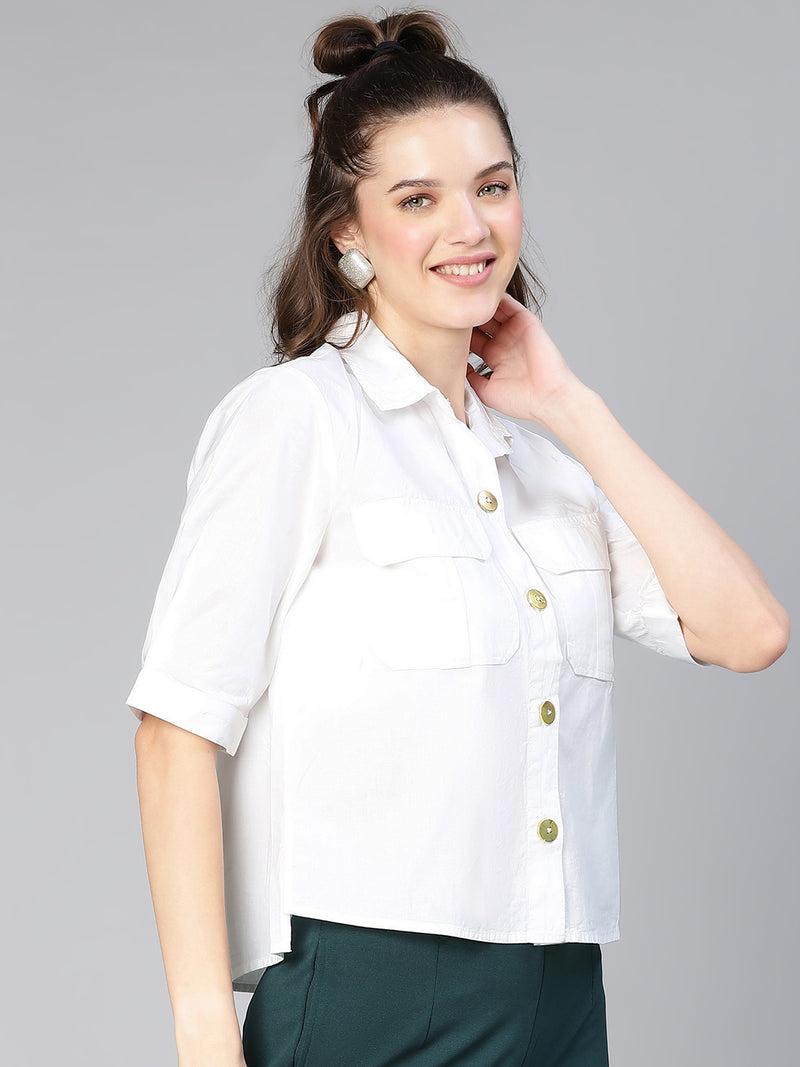 Choiced White With Chets Pocket Women Cotton Shirt